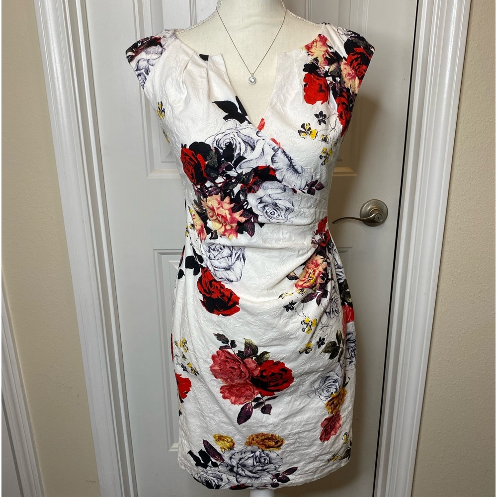 Adrianna Papell Ivory White Floral Jacquard Split Neck Sheath